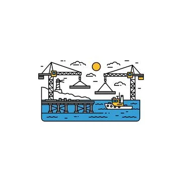 Construction cranes and ship at a port construction site with depicts indus.. Stock Illustration