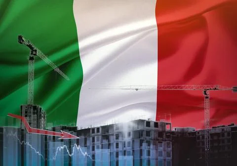 Construction cranes on the background of the flag of Italy. The concept of a  Stock Illustration