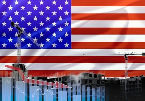 Construction cranes on the background of the US flag. The concept of the cris Stock Illustration