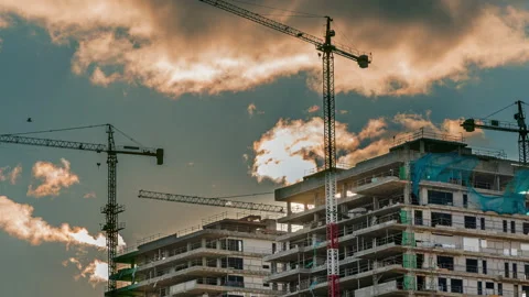 Construction cranes, clouds and time lapse, 4k Stock Footage 236659542