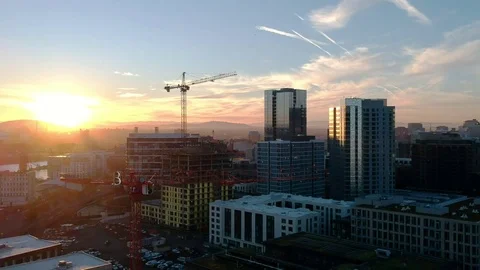 Construction Cranes over the Pearl in Portland Stock Footage