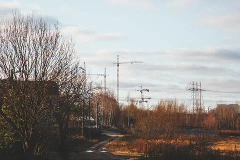 Construction cranes rising over leafless trees and muddy country road on cl.. Stock Photos