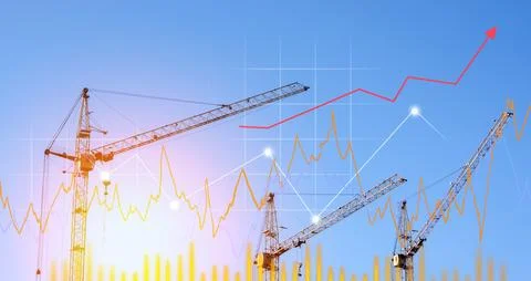 Construction cranes with a schedule of growth in demand for houses. Demand .. Stock Photos
