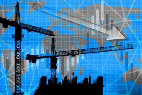Construction cranes soar against the backdrop of a global market. Stock cha.. Stock Photos