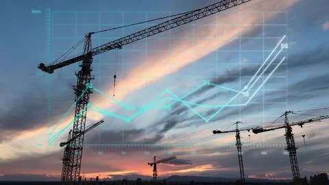 Construction cranes at sunset with graphs of building work progress. 3D graphic. Photos