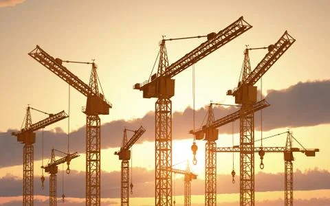 Construction cranes at sunset Stock Illustration
