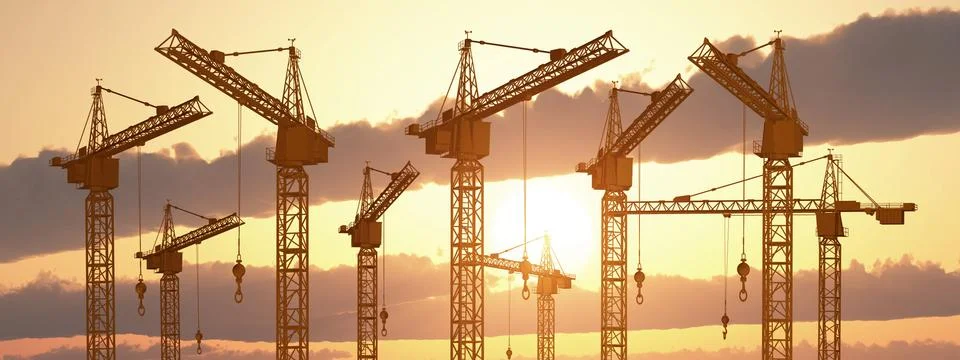 Construction cranes at sunset Stock Illustration