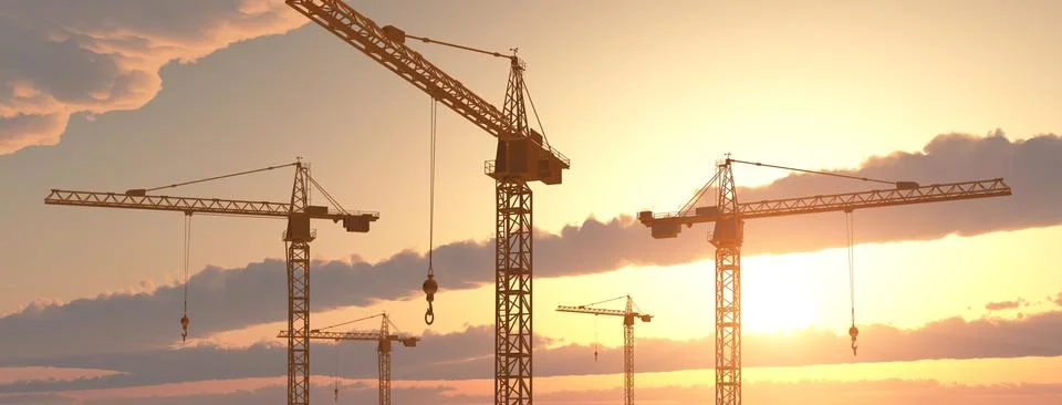 Construction cranes at sunset Stock Illustration