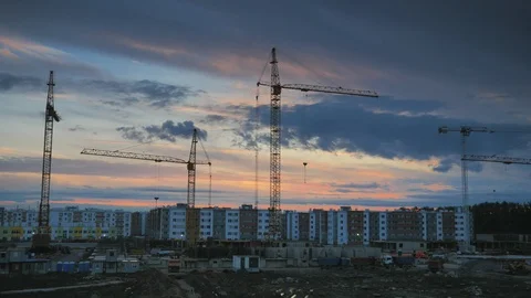 Construction cranes timelapse sunset shot P1155682-1 Stock-Footage 91947955