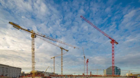 Construction Cranes Timelapse Working with Cloud Dynamic and Sun in Berlin in HD Stock Footage 33952406