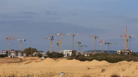 Construction cranes at work 4K timelapse Stock Footage 124567514