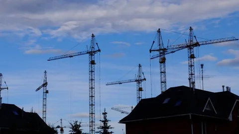Construction cranes at work. Timelapse Stock Footage 77345135