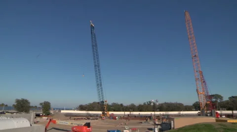 Construction cranes working on a New Orleans Levee - Hurricane Katrina 2005-2015 Stock Footage 52000656