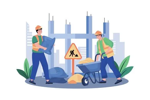 Construction crew lays foundation for skyscraper. Ilustración de archivo