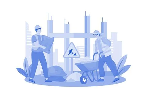 Construction crew lays foundation for skyscraper. Stock Illustration