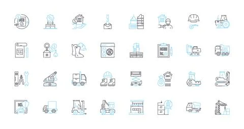 Construction crew linear icons set. Builders, Carpenters, Contractors, Roofers Stock Illustration