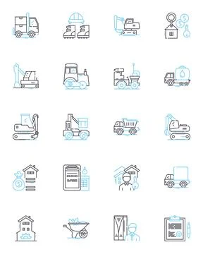 Construction crew linear icons set. Builders, Carpenters, Contractors, Roofers Stock Illustration
