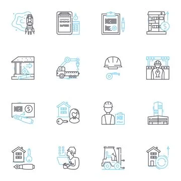 Construction crew linear icons set. Builders, Carpenters, Contractors, Roofers Stock Illustration