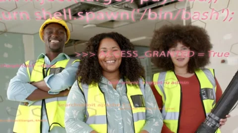 Construction crew posing with rolled tube, code overlay drifting up and fading, Vidéo 332934388