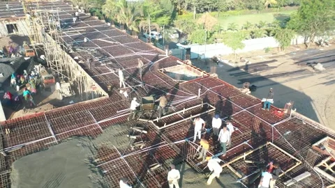 Construction Crew Pouring Concrete On Reinforced Roof Slab While Building Stock Footage 337461329