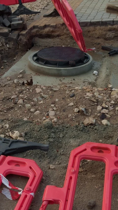 Construction crew preparing utility access point beside fresh excavation, red Stock Footage 345128108
