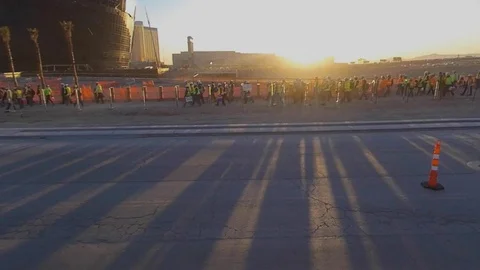 Construction Crew Shadows Las Vegas Raiders Stadium Sunrise 4K Stock-Footage 125443518