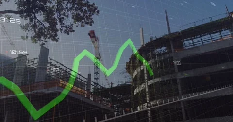 Construction crew watching building edge, green graph entering left over crew Stock Footage 334185451