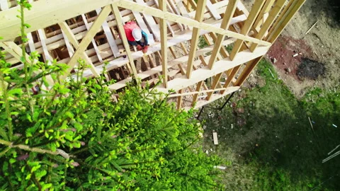 Construction crew working,  commercial apartment. Aerial view Stock Footage 198909549