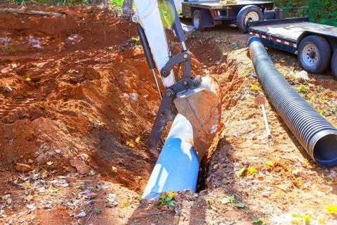 Construction crew works on sewer pipe installation in dugout area near traile Stock Photos