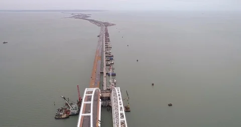 Construction of the Crimea Bridge on March 22, 2018 Stock Footage 88998243