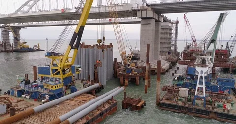 Construction of the Crimea Bridge on March 22, 2018 Stock Footage 88998437