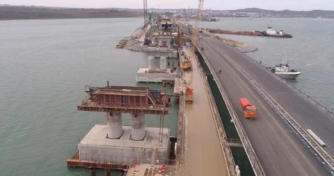 Construction of the Crimea Bridge on March 22, 2018 Stock Footage 88998669