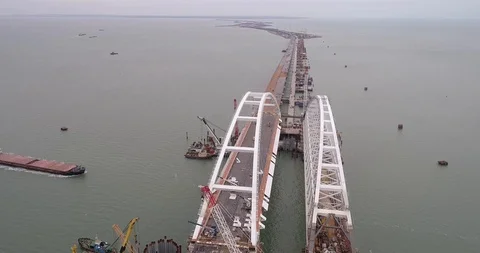Construction of the Crimea Bridge on March 22, 2018 Stock Footage 88998743