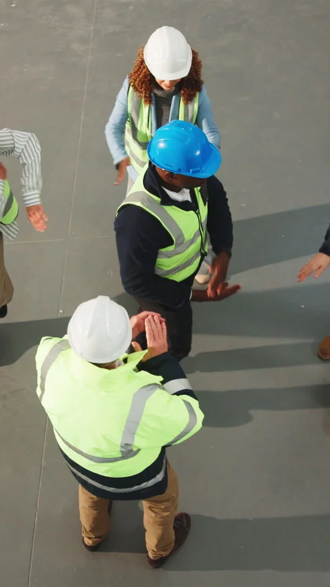 Construction, dance circle and above of people with success, goals or celebrate Stock Footage 343822507