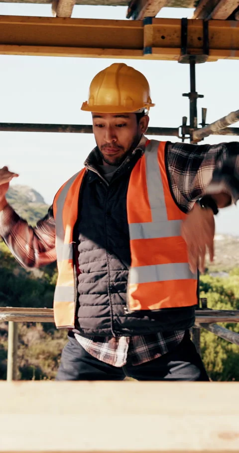 Construction, dance or Asian man on site with break, rhythm or fun groove with Stock Footage 336264450