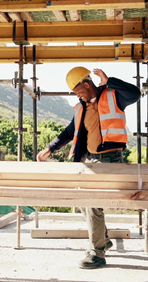 Construction, dance or black man on site with achievement, rhythm or fun groove Stock Footage 336266128