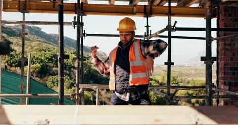 Construction, dancing or man on site with success, rhythm or groove with Stock Footage 336223727