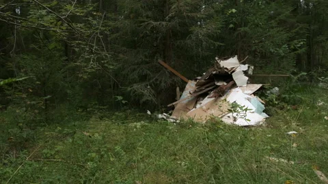 Construction debris in the coniferous forest, environmental pollution, closeup. Vídeo Stock 145525097