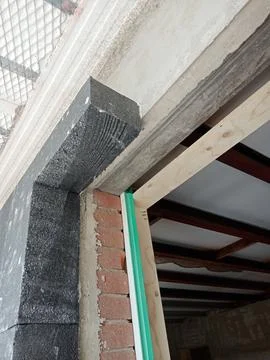 Construction detail of window insulation Stock Photos