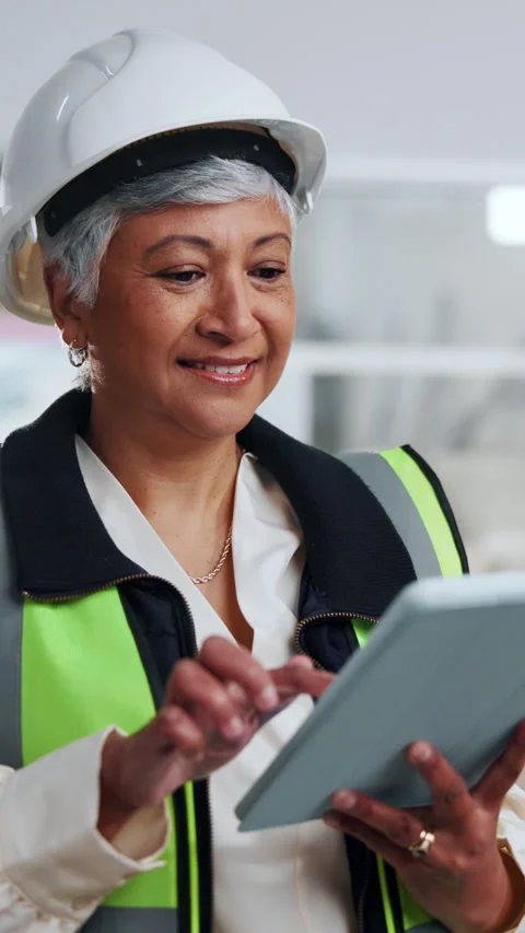 Construction, development and tablet with happy woman on building site for Stock Footage 342311747