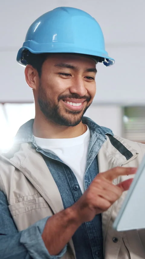 Construction, development and tablet with happy man on building site for project Stock Footage 342314241