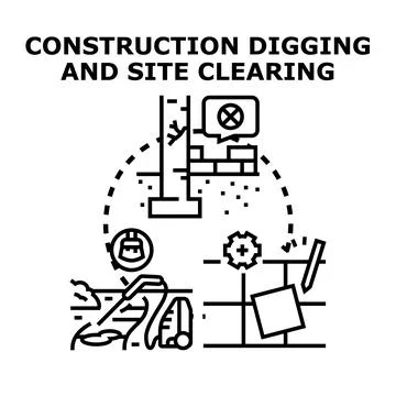 Construction digging site clearing and foundation work illustration Stock Illustration