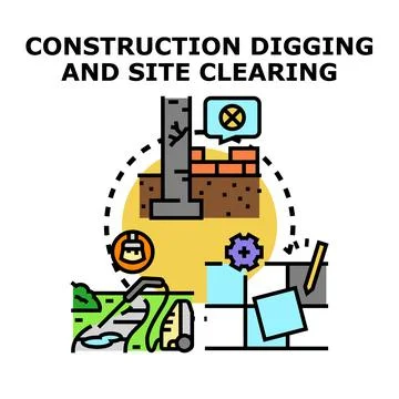 Construction digging site clearing and foundation work illustration Stock Illustration