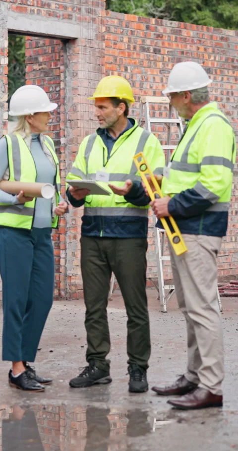 Construction, discussion or team on site with tablet, progress track or task Stock Footage 340960775