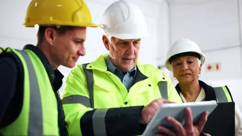 Construction, discussion or team on site with tablet, progress track or task Stock Footage 341551916