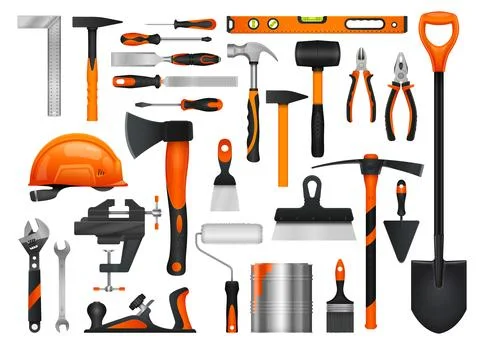 Construction diy tools set, 3d repair instruments. Stock Illustration