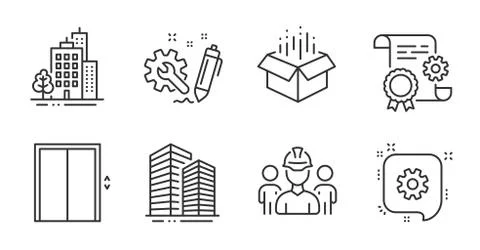 Construction document, Open box and Skyscraper buildings icons set. Buildings イラスト素材