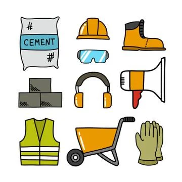 Construction doodle icons set, vector color illustration Stock Illustration
