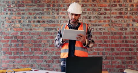 Construction, doubt and tablet with man on building site for project management Stock Footage 336241226