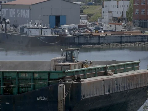 Construction Downtown Barge Gravel Excavator Stock Footage